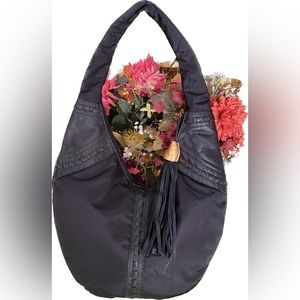 Genuine leather and nylon shoulder bag